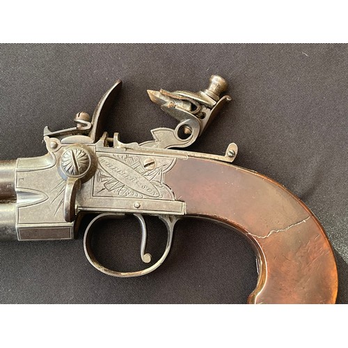 205 - A scarce Double Barrel Over and Under Flintlock Tap Action Pistol by Wheeler & Sons London. 65mm lon... 