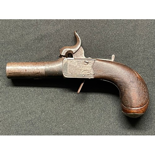 209 - Percussion cap pocket pistol with 55mm long barrel. Bore approx. 11mm. Lock is signed 