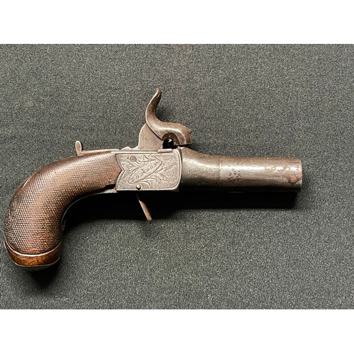 209 - Percussion cap pocket pistol with 55mm long barrel. Bore approx. 11mm. Lock is signed 