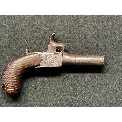 209 - Percussion cap pocket pistol with 55mm long barrel. Bore approx. 11mm. Lock is signed 