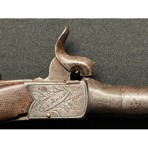 209 - Percussion cap pocket pistol with 55mm long barrel. Bore approx. 11mm. Lock is signed 