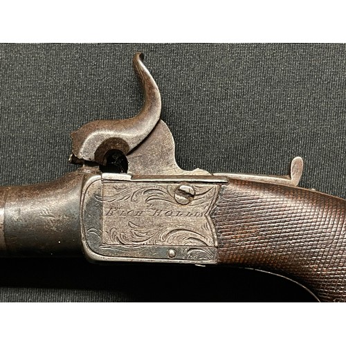 209 - Percussion cap pocket pistol with 55mm long barrel. Bore approx. 11mm. Lock is signed 