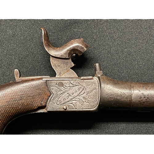 209 - Percussion cap pocket pistol with 55mm long barrel. Bore approx. 11mm. Lock is signed 