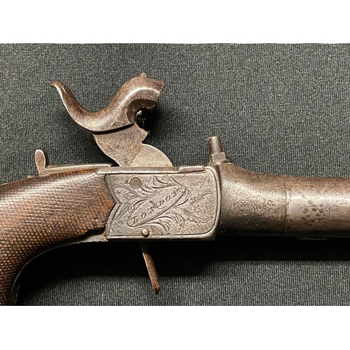 209 - Percussion cap pocket pistol with 55mm long barrel. Bore approx. 11mm. Lock is signed 