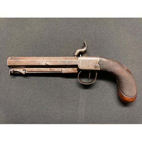 211 - Percussion cap pistol with 115mm long barrel. Bore approx. 14mm. Proof marked. Barrel signed 