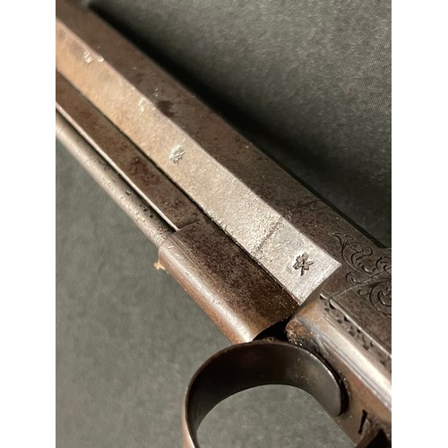 211 - Percussion cap pistol with 115mm long barrel. Bore approx. 14mm. Proof marked. Barrel signed 