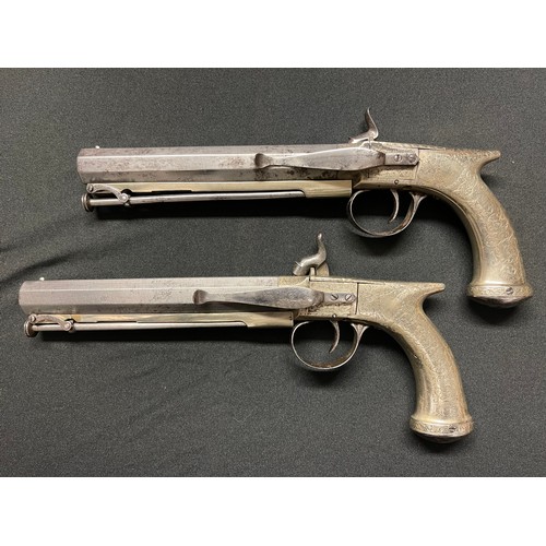 215 - Pair of Percussion Cap Belt Pistols by Isaac Blissett of 60 Leadenhall Street, London. Saw grips in ... 