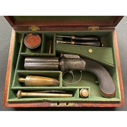 217 - Cased 6 shot 80 Bore self cocking hammer bar percussion cap Pepperbox revolver by 