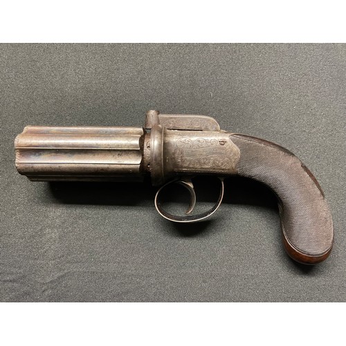 217 - Cased 6 shot 80 Bore self cocking hammer bar percussion cap Pepperbox revolver by 