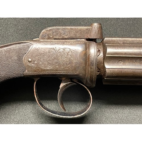 217 - Cased 6 shot 80 Bore self cocking hammer bar percussion cap Pepperbox revolver by 