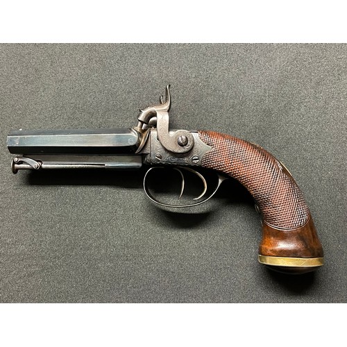 219 - Cased 44 Bore Double Barrel Howdah Percussion cap pistol by Manton & Co. 90mm long barrels. Signed o... 