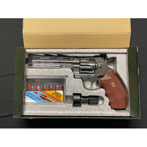 237 - KWC Model 357 Magnum Air Soft .177 cal BB gun. Nickle finish. Serial number 46009986. New in box.