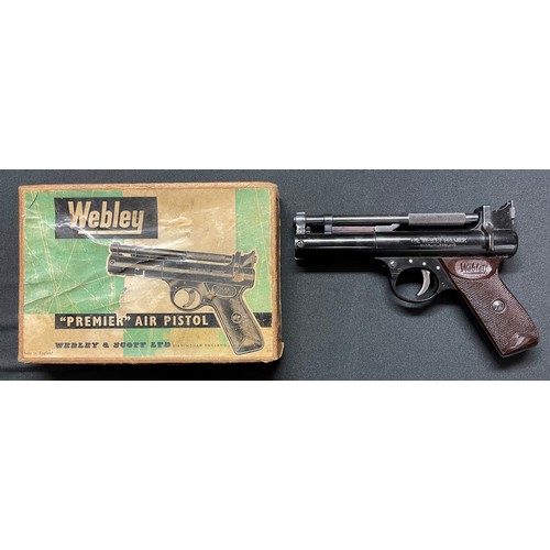 243 - Webley Premier .22 cal Air Pistol in original box. 176mm long barrel. Overall length 210mm. Numbered... 