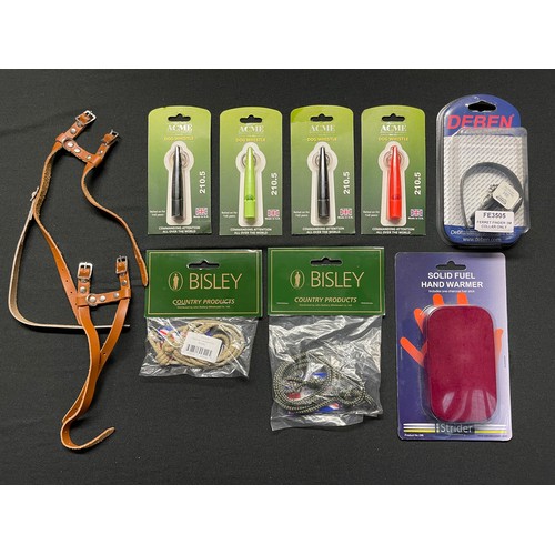 259 - Country pursuits interest: 4 brand new ACME Dog Whistles in original packaging, 2 Bisley brand lanya... 