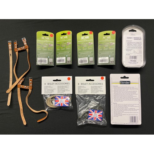 259 - Country pursuits interest: 4 brand new ACME Dog Whistles in original packaging, 2 Bisley brand lanya... 