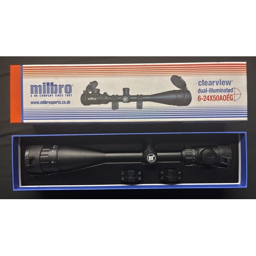 266 - Milbro Clearview dual illuminated 6-24 x 50 AOEG Telescopic Sight. Brand new in box. Includes lens c... 