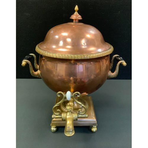 39 - A Victorian copper samovar, square base, bun feet, c.1880