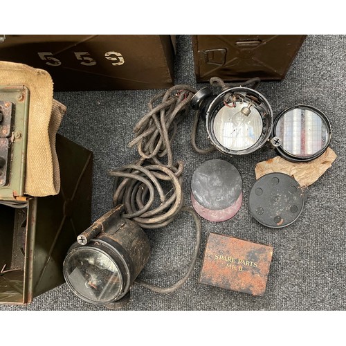 132 - WW2 British Aldis Signalling Lamps x 2 complete with Morse key, original paint to cases, one in Serv... 