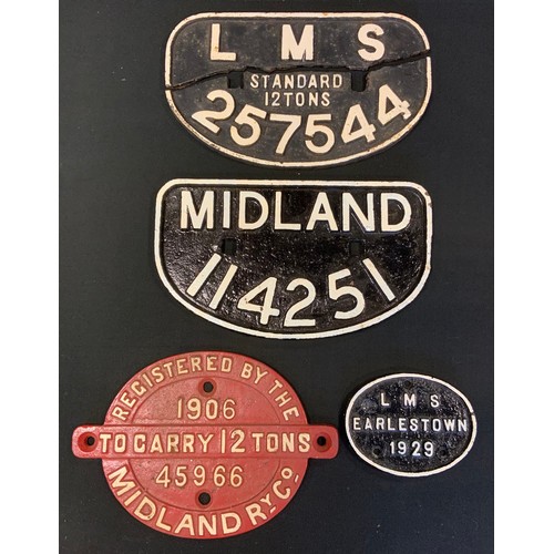 70 - A cast iron plate, Midland 114251, 28cm wide;  LMS Earlestown 1929 plaque. 12.5cn wide;   Midland Ry... 