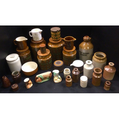 214 - A Hornsea storage jars;  Hornsea deer planter;  Derby Herbal Brewery flagon;  other stoneware bottle... 