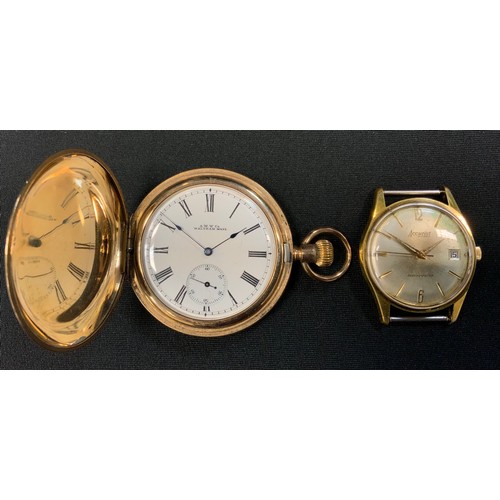 347 - A Waltham gold plated full hunter cased pocket watch, creamy white dial, Roman numerals, subsidiary ... 