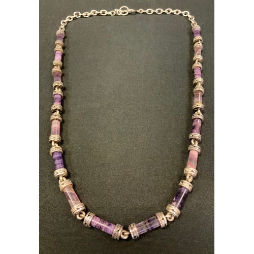 351 - A blue john type banded tubular link and silver fancy necklace, stamped 925, 59.5cm long,77.6g gross