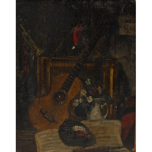 5310 - English School (19th century)
Still Life with Parlour Guitar, Book and Cornet
oil on board, 30.5cm x... 