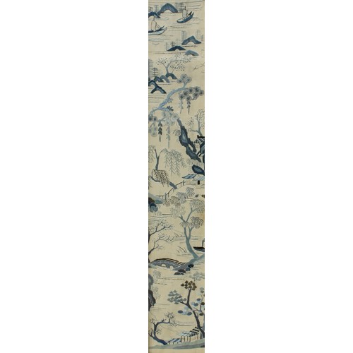 5175 - A pair of Chinese silk sleeve panels, typically embroidered with monumental landscapes, 52cm x 9cm, ... 