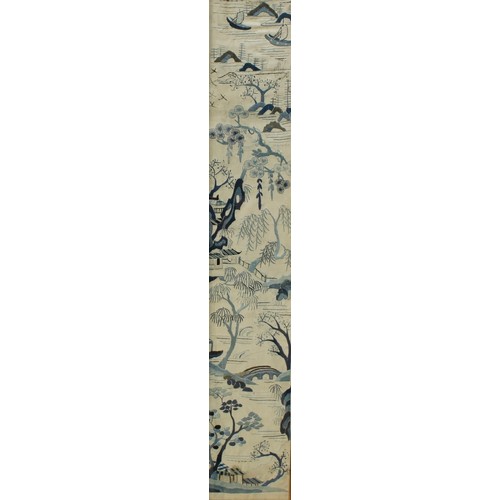 5175 - A pair of Chinese silk sleeve panels, typically embroidered with monumental landscapes, 52cm x 9cm, ... 