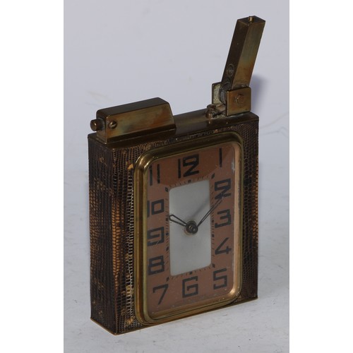 5099 - A French Art Deco combination table cigarette lighter and travelling timepiece, the 5cm rounded rect... 