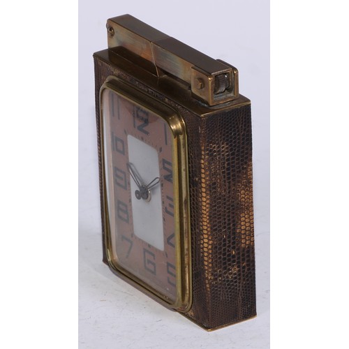 5099 - A French Art Deco combination table cigarette lighter and travelling timepiece, the 5cm rounded rect... 