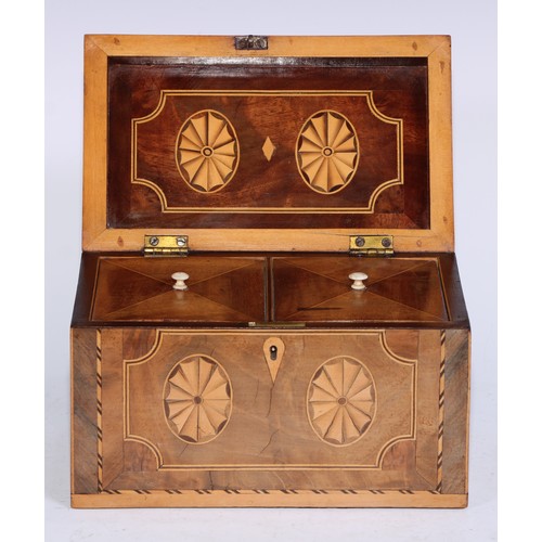 5102 - A George III mahogany and marquetry rectangular tea caddy, inlaid with oval batwing paterae, hinged ... 