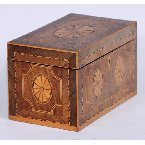 5102 - A George III mahogany and marquetry rectangular tea caddy, inlaid with oval batwing paterae, hinged ... 