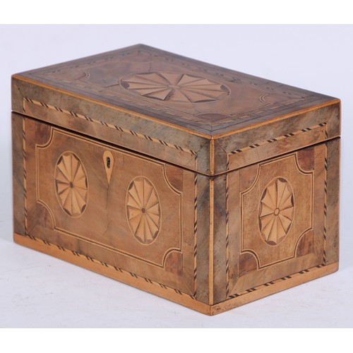 5102 - A George III mahogany and marquetry rectangular tea caddy, inlaid with oval batwing paterae, hinged ... 