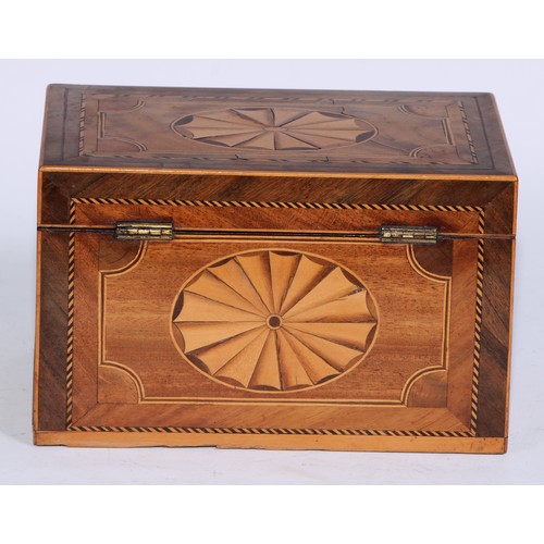 5102 - A George III mahogany and marquetry rectangular tea caddy, inlaid with oval batwing paterae, hinged ... 