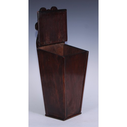 5103 - A George III mahogany candle box, shaped and pierced cresting, hinged sloping cover, 48cm high, c.18... 