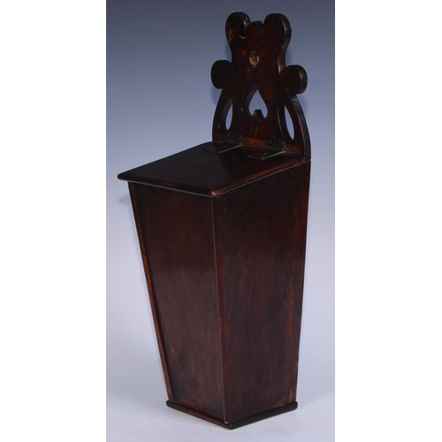 5103 - A George III mahogany candle box, shaped and pierced cresting, hinged sloping cover, 48cm high, c.18... 