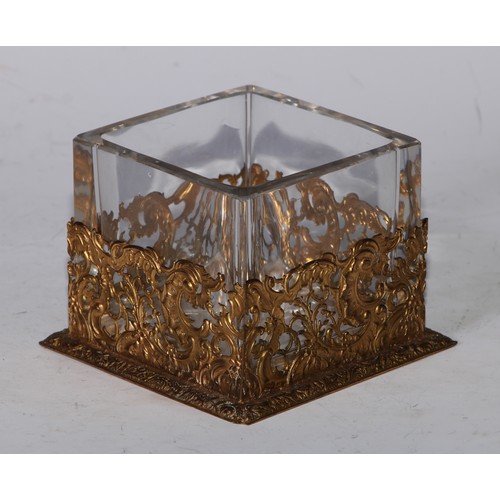 5130 - A late 19th century gilt metal and clear glass square table vase, 11.5cm wide, foundry mark AF, c.18... 