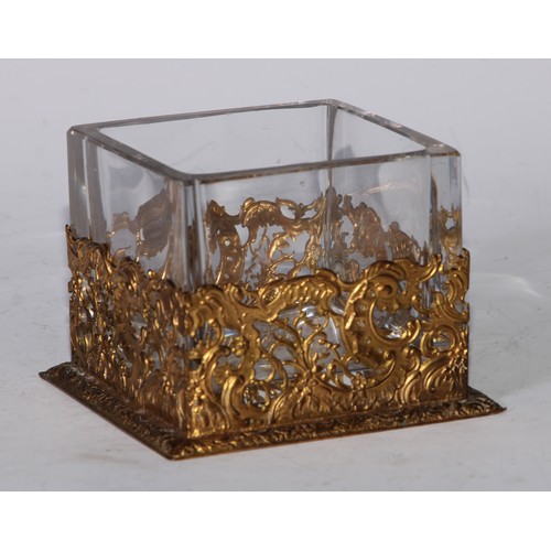 5130 - A late 19th century gilt metal and clear glass square table vase, 11.5cm wide, foundry mark AF, c.18... 