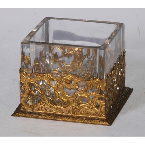 5130 - A late 19th century gilt metal and clear glass square table vase, 11.5cm wide, foundry mark AF, c.18... 