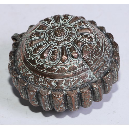 5248 - An Asian copper betel lime box, chased with lotus and scrolls, hinged cover, 11cm diam, possibly Bhu... 