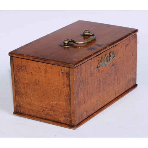 5107 - A George III vernacular fruitwood rectangular tea caddy, hinged cover with brass swan neck handle, t... 