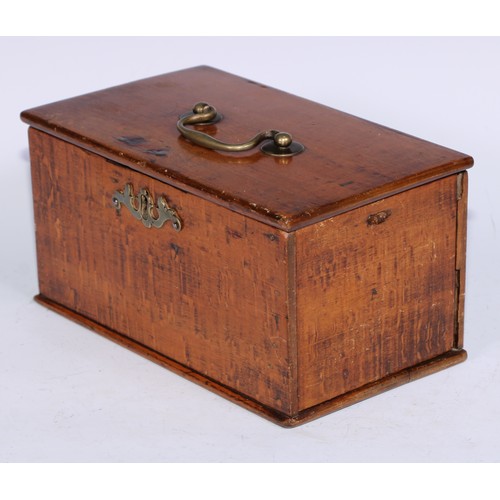 5107 - A George III vernacular fruitwood rectangular tea caddy, hinged cover with brass swan neck handle, t... 