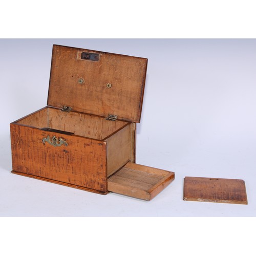 5107 - A George III vernacular fruitwood rectangular tea caddy, hinged cover with brass swan neck handle, t... 