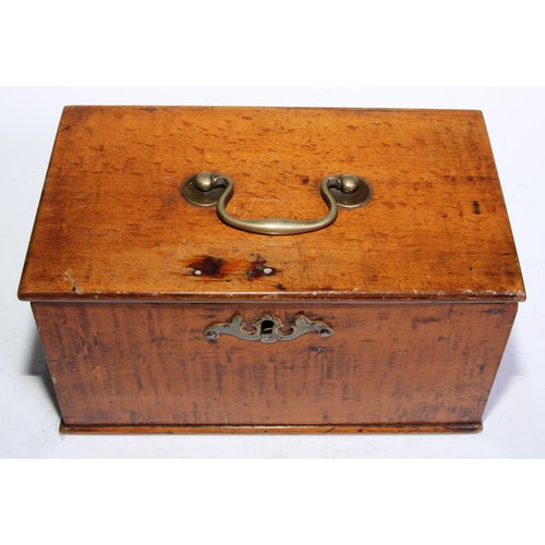 5107 - A George III vernacular fruitwood rectangular tea caddy, hinged cover with brass swan neck handle, t... 