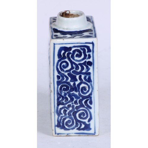 5079 - A Chinese porcelain rectangular tea caddy, moulded and painted in tones of underglaze blue with styl... 