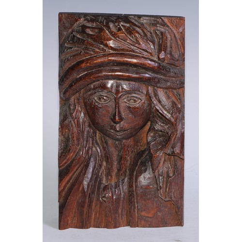 5155 - A North European oak architectural sculptural pilaster section, carved as the head of a woman, 28cm ... 