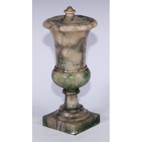 5152 - A Neoclassical specimen marble pedestal urn and cover, in tones of green, white and grey, knop finia... 