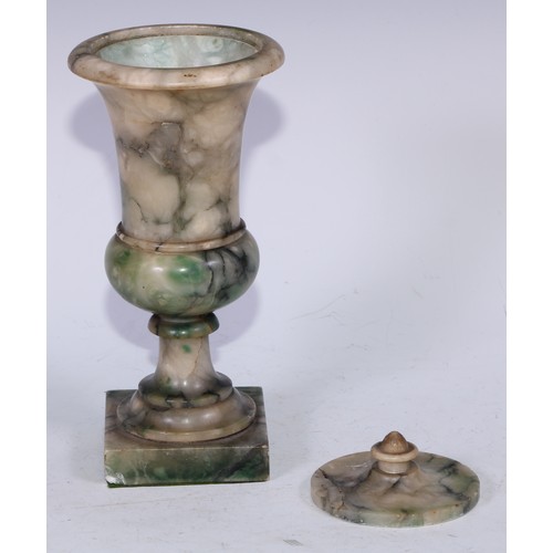 5152 - A Neoclassical specimen marble pedestal urn and cover, in tones of green, white and grey, knop finia... 