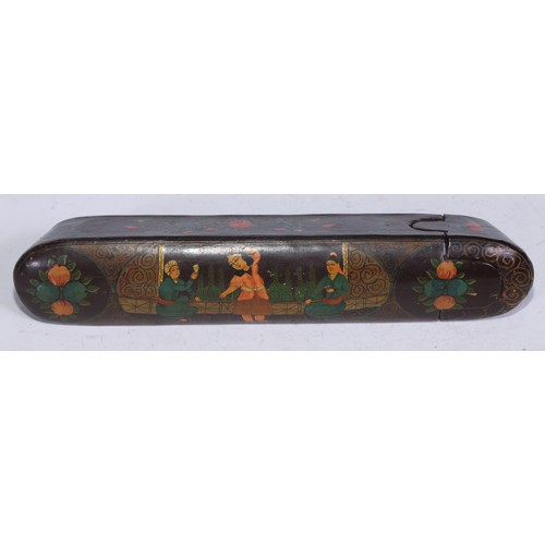 5190 - A Persian papier mache qalamdan pen case, painted in polychrome with a harem dancer and companions, ... 